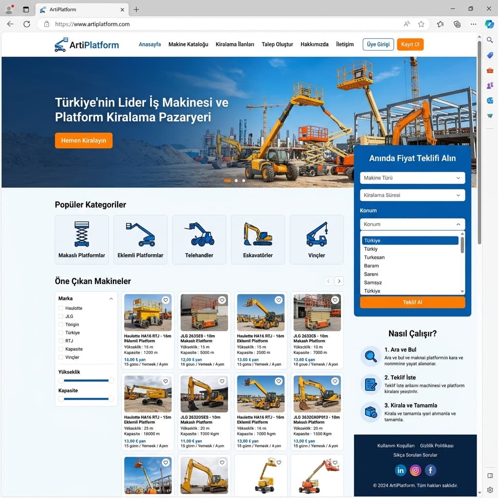 ArtiPlatform - Türkiye Geneli İş Makinesi & Platform Pazaryeri